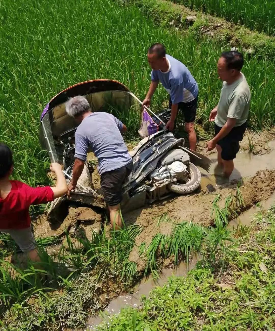 摩托车失控，母子俩摔入稻田，驻村辅警及时救助