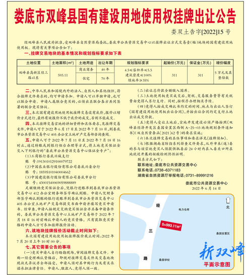 娄底市双峰县国有建设用地使用权挂牌出让公告（娄双土告字【2022】15号）